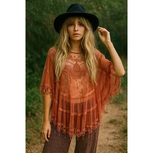 Mimi Lace Tiered Poncho Shawl Top XL Embroidered Bohemian Ruffle Fairy Crochet